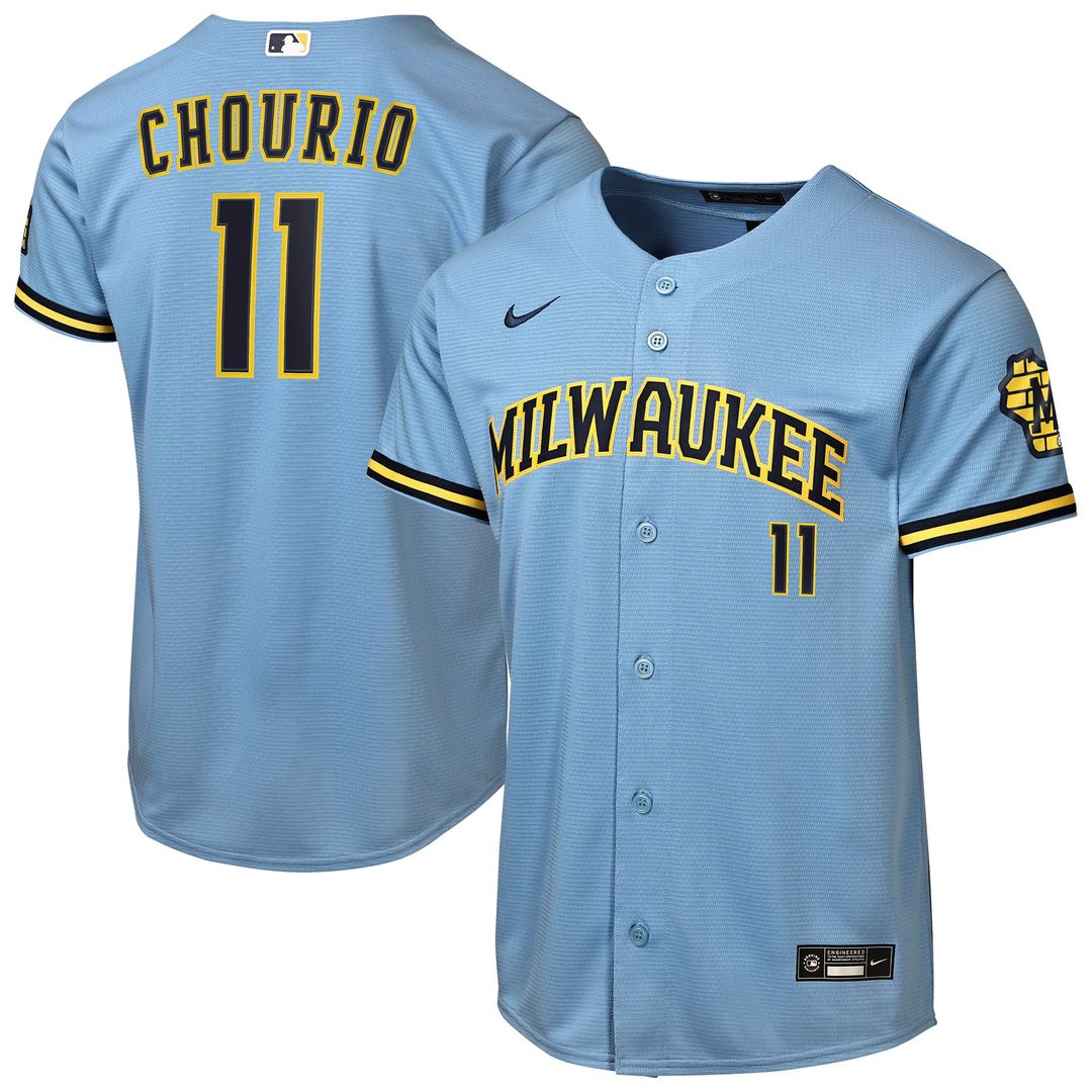 Milwaukee Brewers Jackson Chourio Youth Road Stadium Jersey — Powder Blue