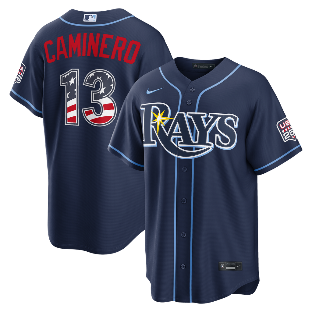 Tampa Bay Rays Junior Caminero USA 250 Fourth of July Road Stadium Jersey — Navy