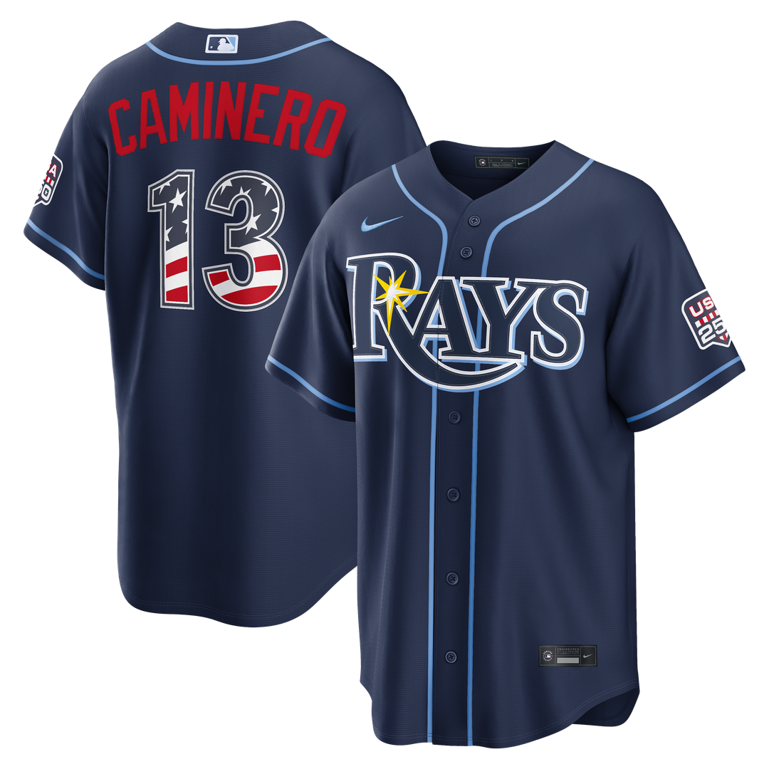 Tampa Bay Rays Junior Caminero USA 250 Fourth of July Road Stadium Jersey — Navy