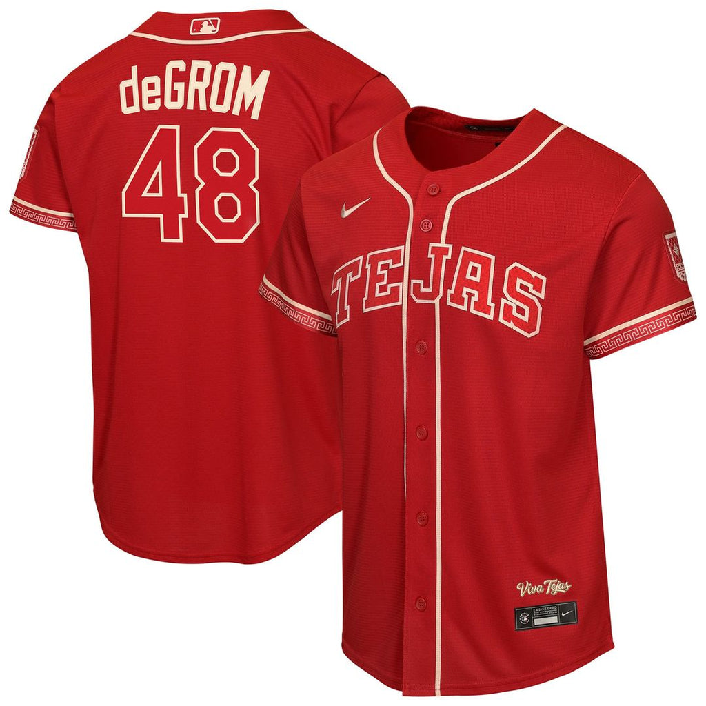Texas Rangers Jacob deGrom Youth 2026 City Connect Stadium Jersey — Red