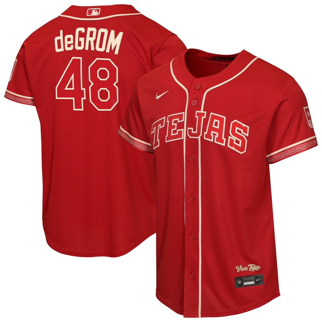 Texas Rangers Jacob deGrom Youth 2026 City Connect Stadium Jersey — Red