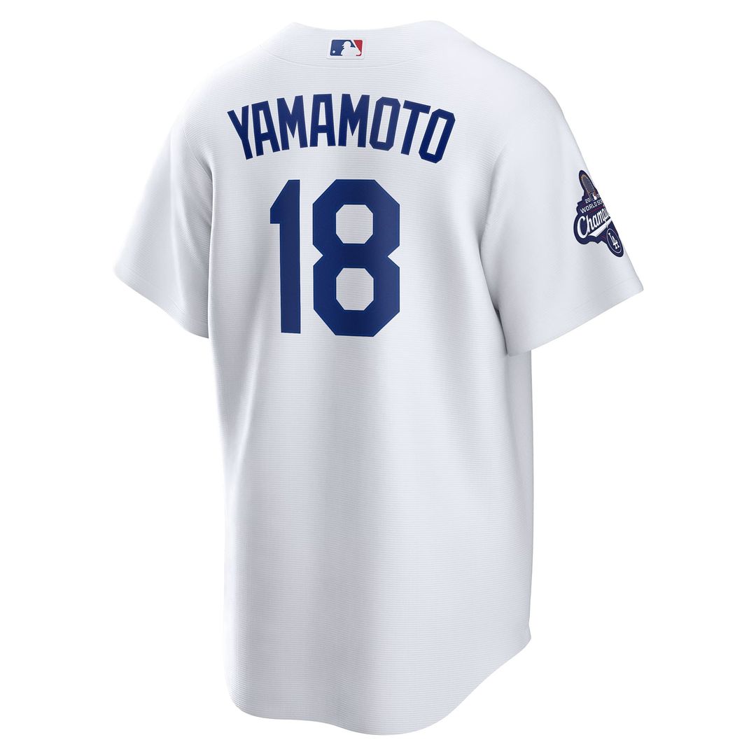 Los Angeles Dodgers Yoshinobu Yamamoto 2025 World Series Champions Home Replica Jersey — White