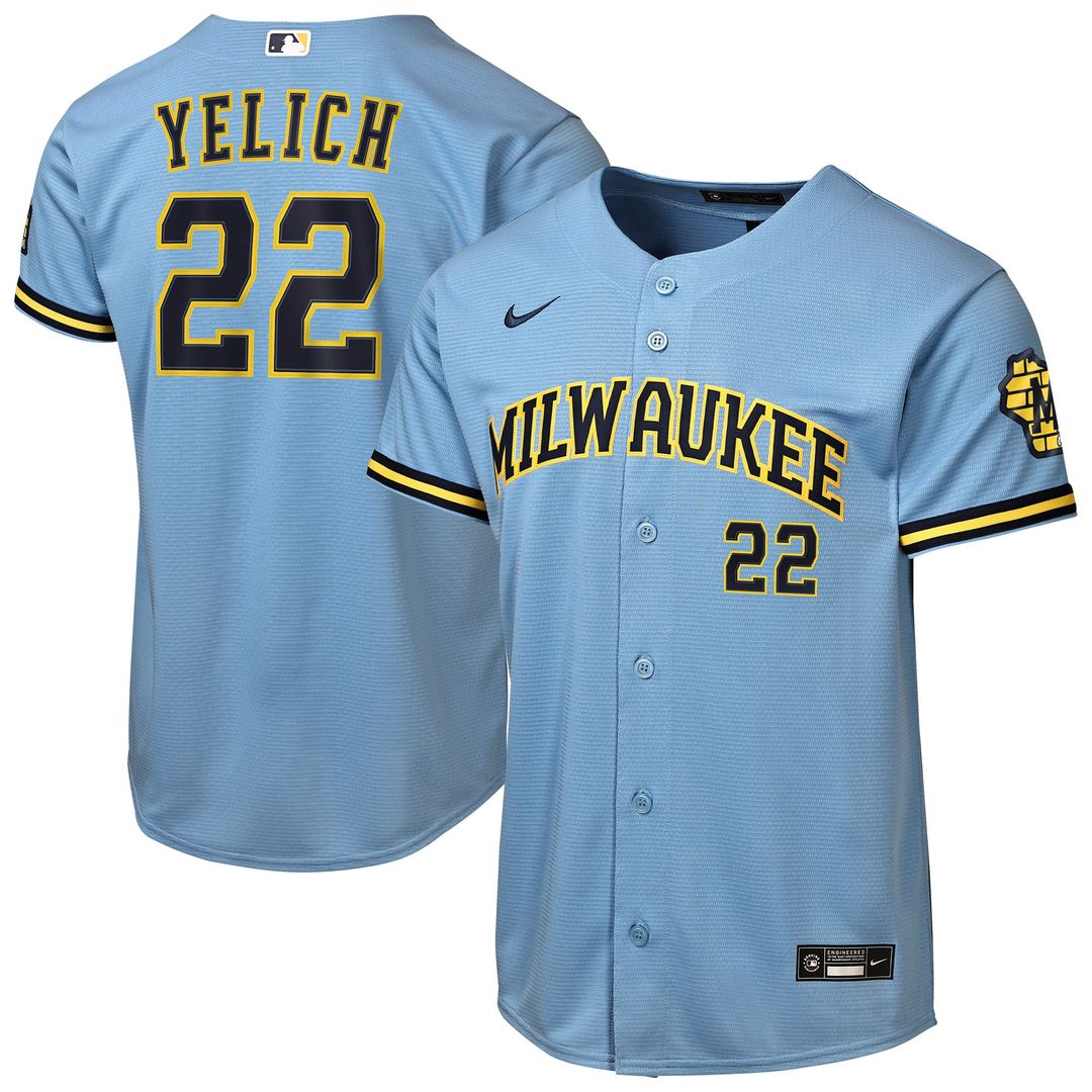 Milwaukee Brewers Christian Yelich Youth Road Stadium Jersey — Powder Blue