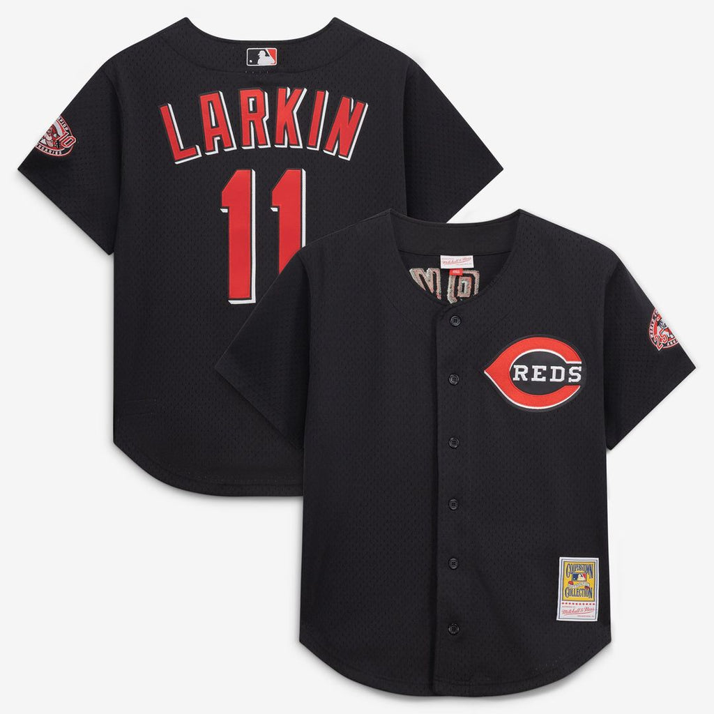 Cincinnati Reds Barry Larkin Cooperstown Mesh Batting Practice Button-Up Jersey — Black