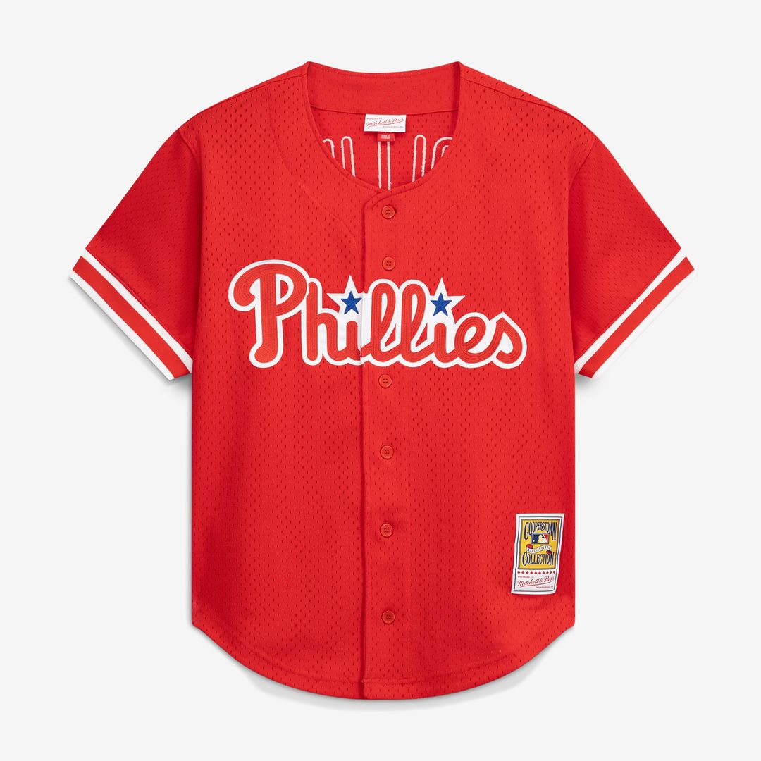 Philadelphia Phillies Jimmy Rollins Cooperstown Mesh Batting Practice Button-Up Jersey — Red