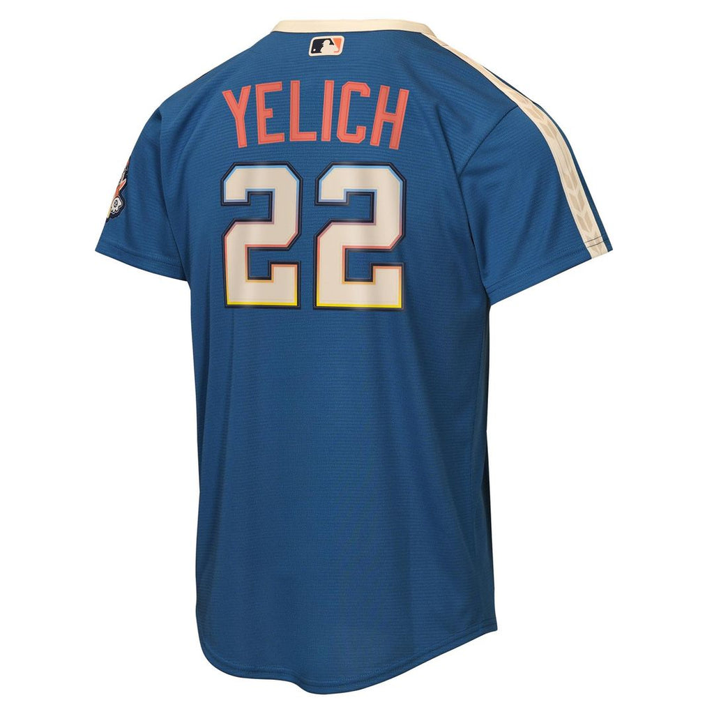 Milwaukee Brewers Christian Yelich Youth 2026 City Connect Stadium Jersey — Mineral Blue