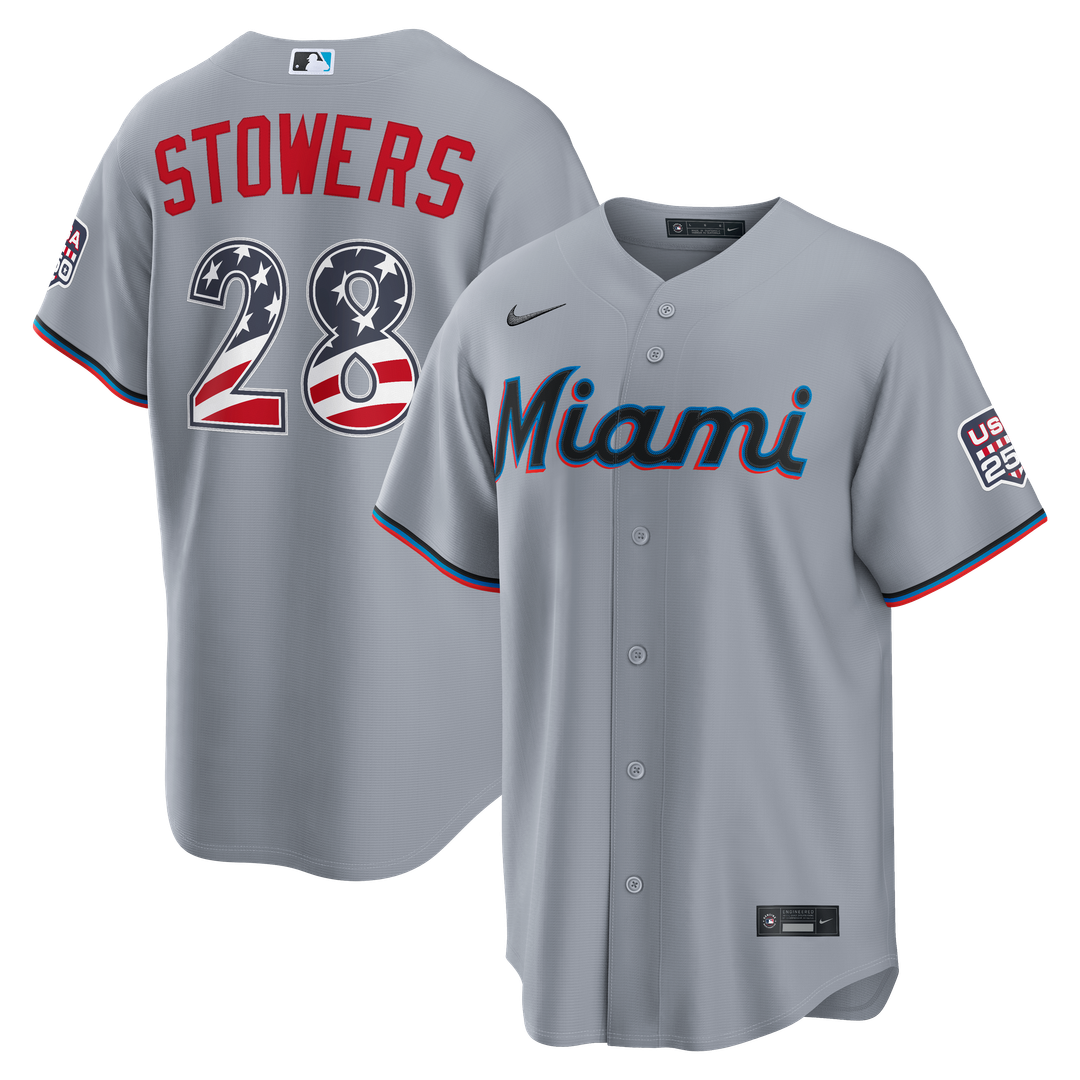 Miami Marlins Kyle Stowers USA 250 Fourth of July Road Stadium Jersey — Gray
