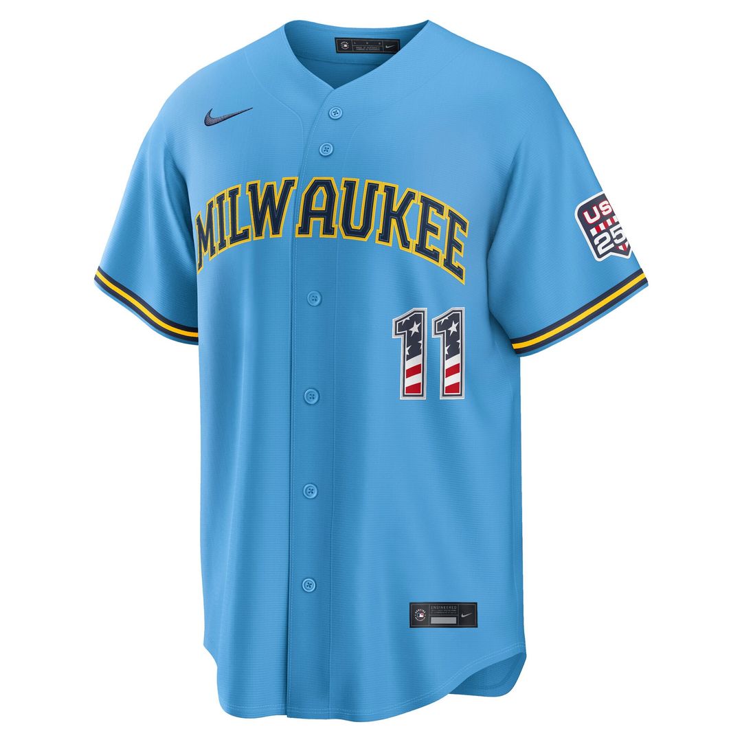 Milwaukee Brewers Jackson Chourio USA 250 Fourth of July Road Stadium Jersey — Light Blue