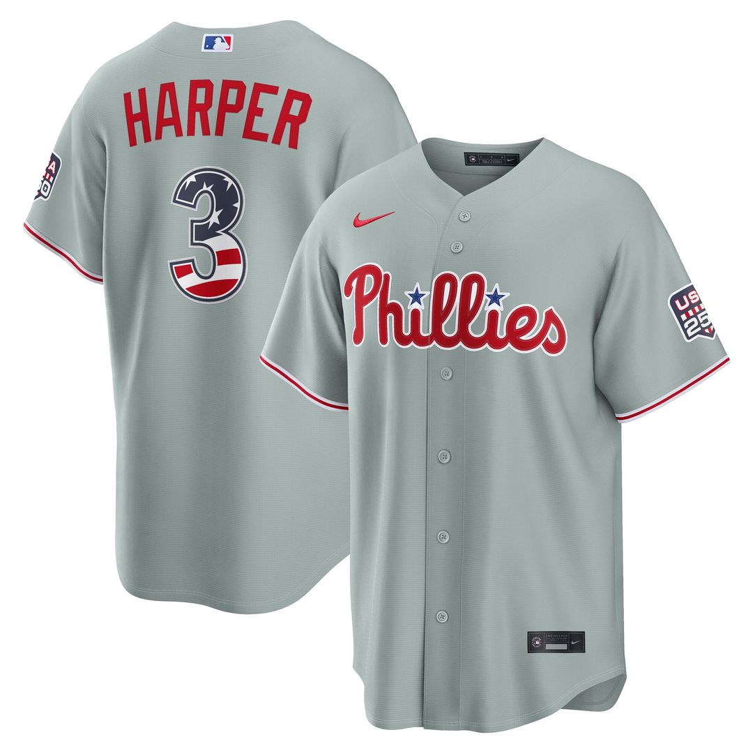 Philadelphia Phillies Bryce Harper USA 250 Fourth of July Road Stadium Jersey — Gray