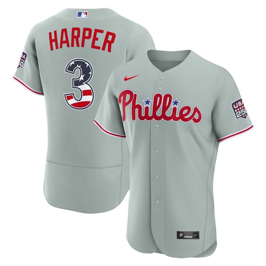 Philadelphia Phillies Bryce Harper USA 250 Fourth of July Road Authentic Jersey — Gray