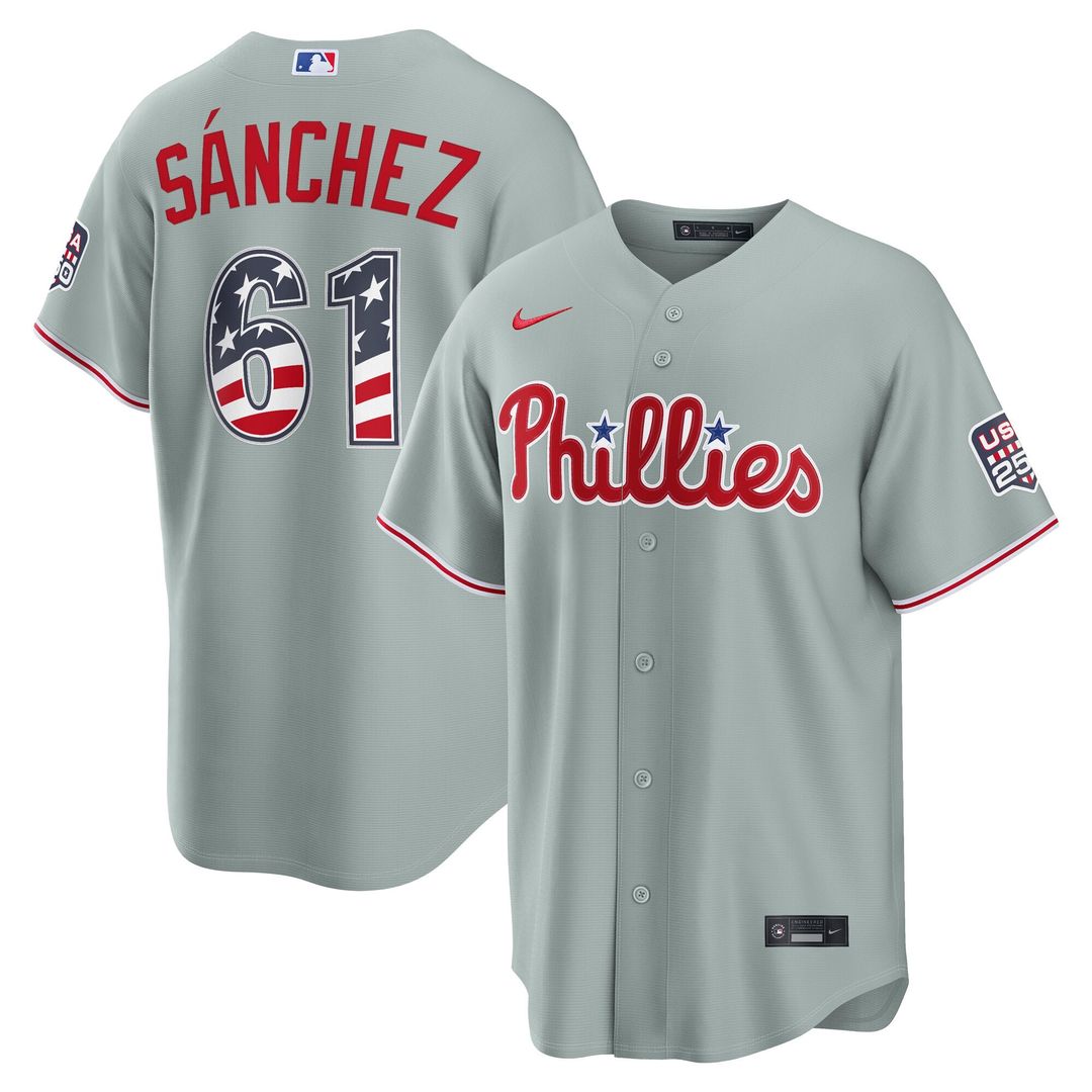 Philadelphia Phillies Cristopher Sanchez USA 250 Fourth of July Road Stadium Jersey — Gray