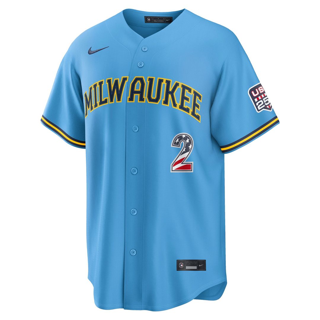 Milwaukee Brewers Brice Turang USA 250 Fourth of July Road Stadium Jersey — Light Blue