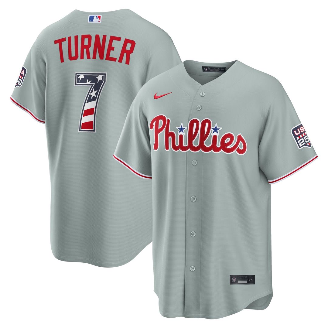 Philadelphia Phillies Trea Turner USA 250 Fourth of July Road Stadium Jersey — Gray