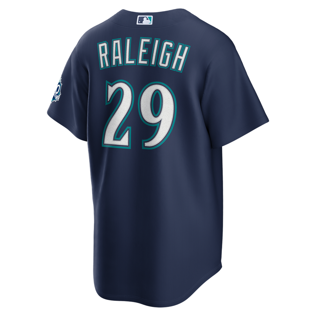 Seattle Mariners Cal Raleigh Road Stadium 50th Season Patch Jersey — Navy