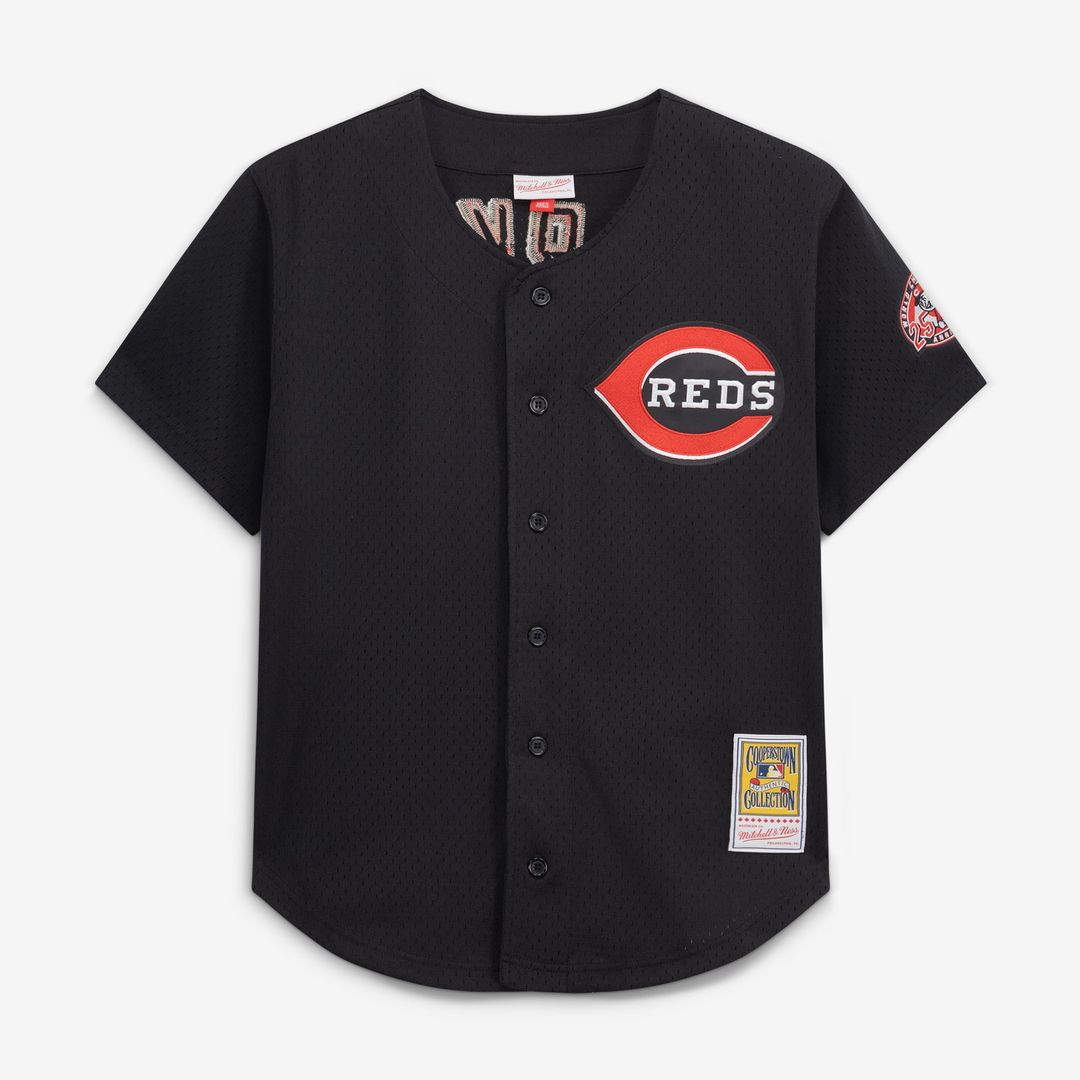 Cincinnati Reds Barry Larkin Cooperstown Mesh Batting Practice Button-Up Jersey — Black