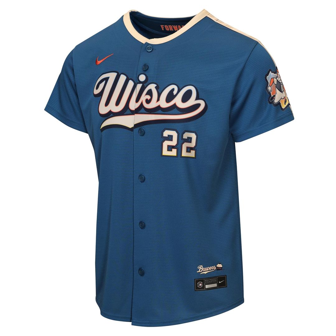 Milwaukee Brewers Christian Yelich Youth 2026 City Connect Stadium Jersey — Mineral Blue