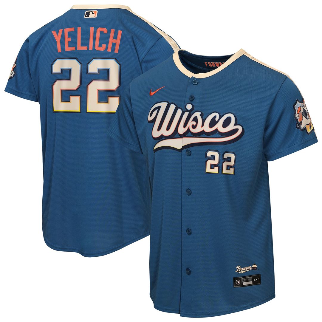 Milwaukee Brewers Christian Yelich Youth 2026 City Connect Stadium Jersey — Mineral Blue