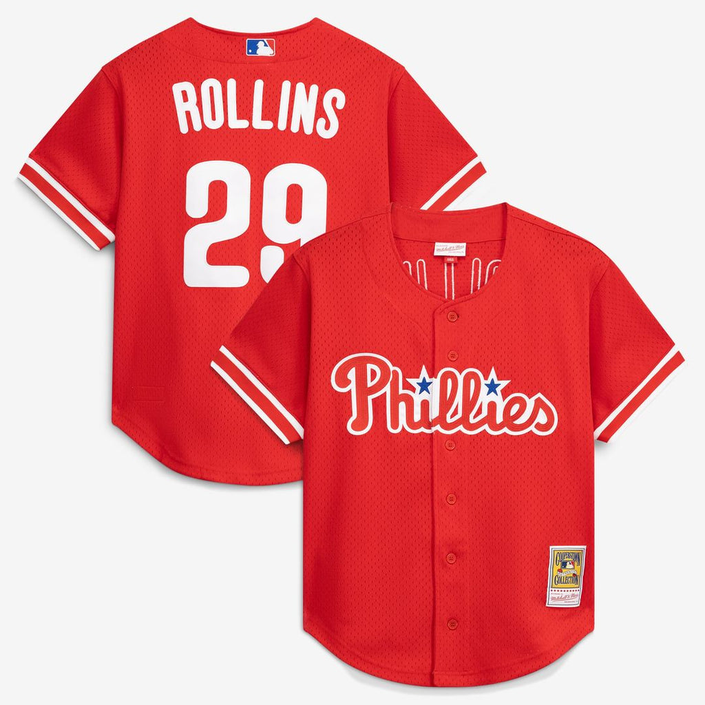 Philadelphia Phillies Jimmy Rollins Cooperstown Mesh Batting Practice Button-Up Jersey — Red