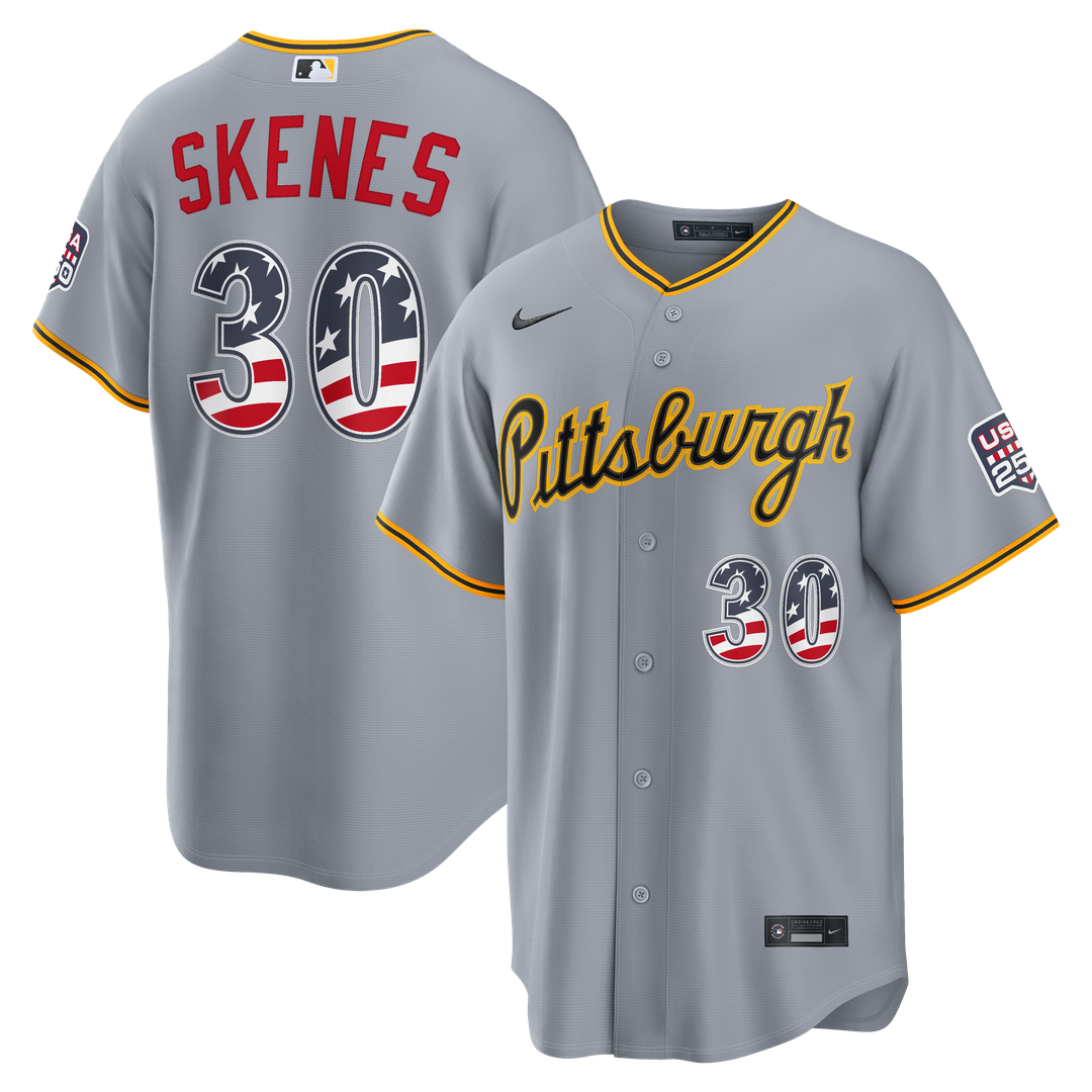 Pittsburgh Pirates Paul Skenes USA 250 Fourth of July Road Stadium Jersey — Gray