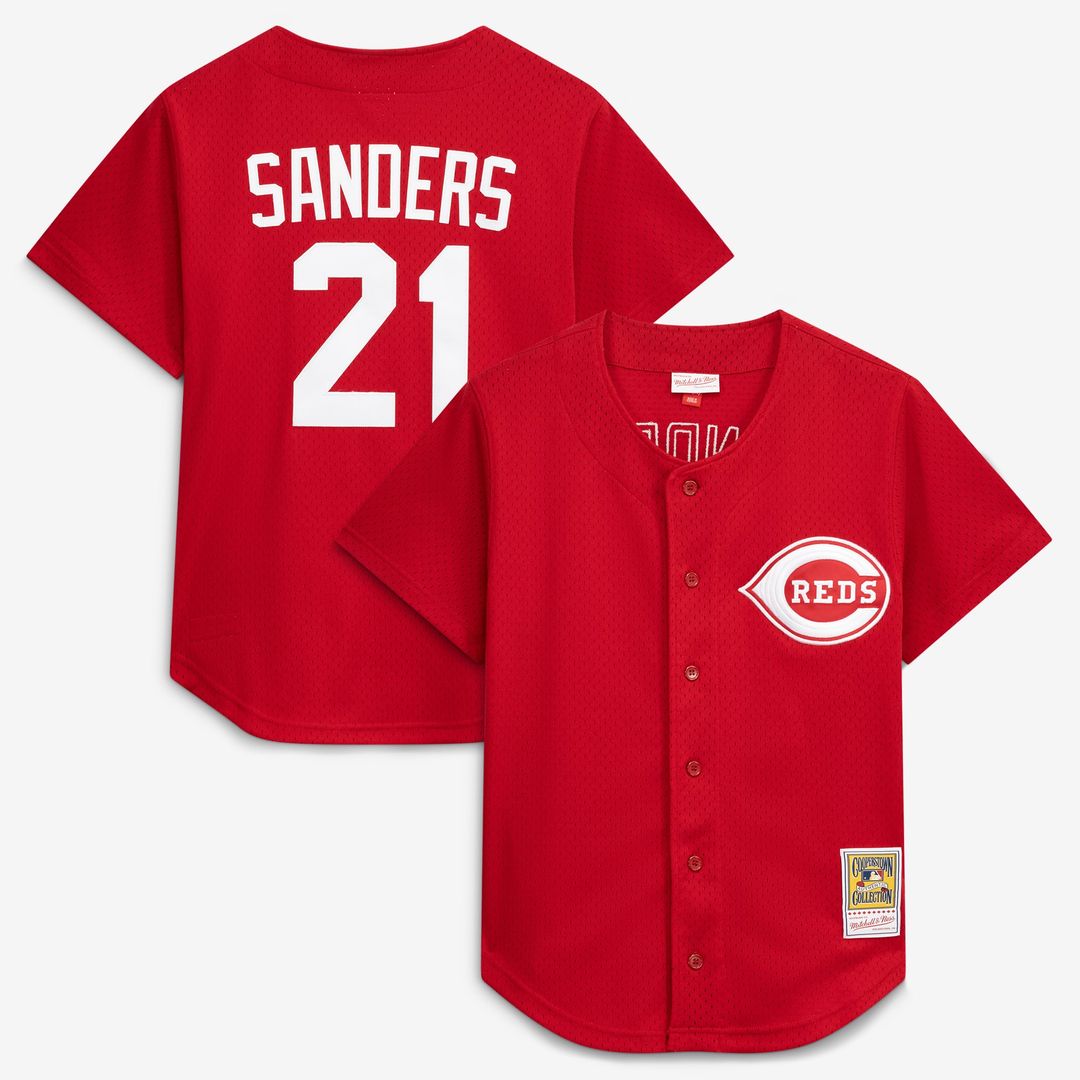 Cincinnati Reds Deion Sanders Cooperstown Mesh Batting Practice Button-Up Jersey — Red