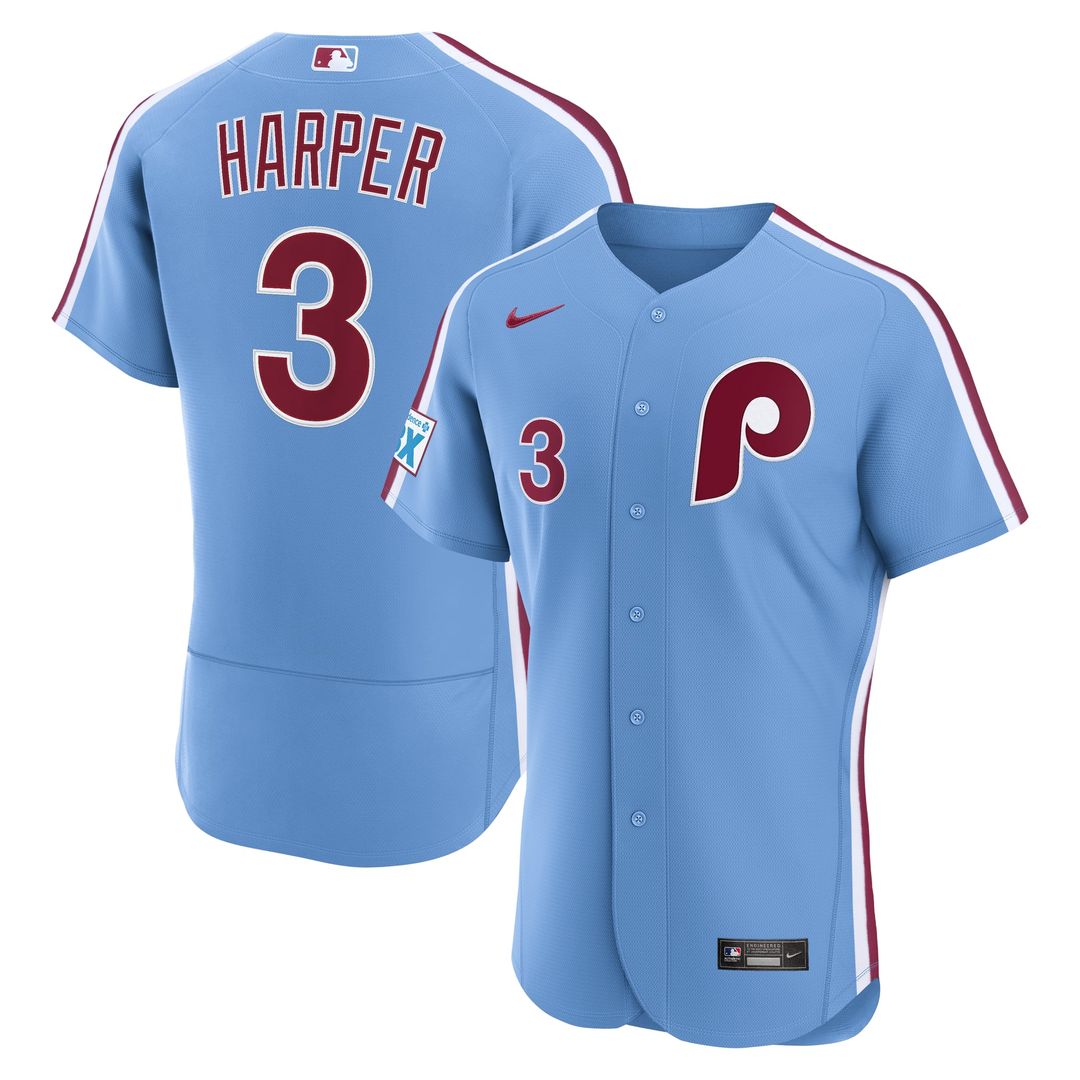 Philadelphia Phillies Bryce Harper Alternate Authentic Sponsor Patch Jersey — Light Blue