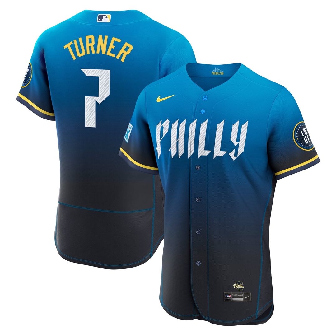 Philadelphia Phillies Trea Turner City Connect Authentic Sponsor Patch Jersey — Navy