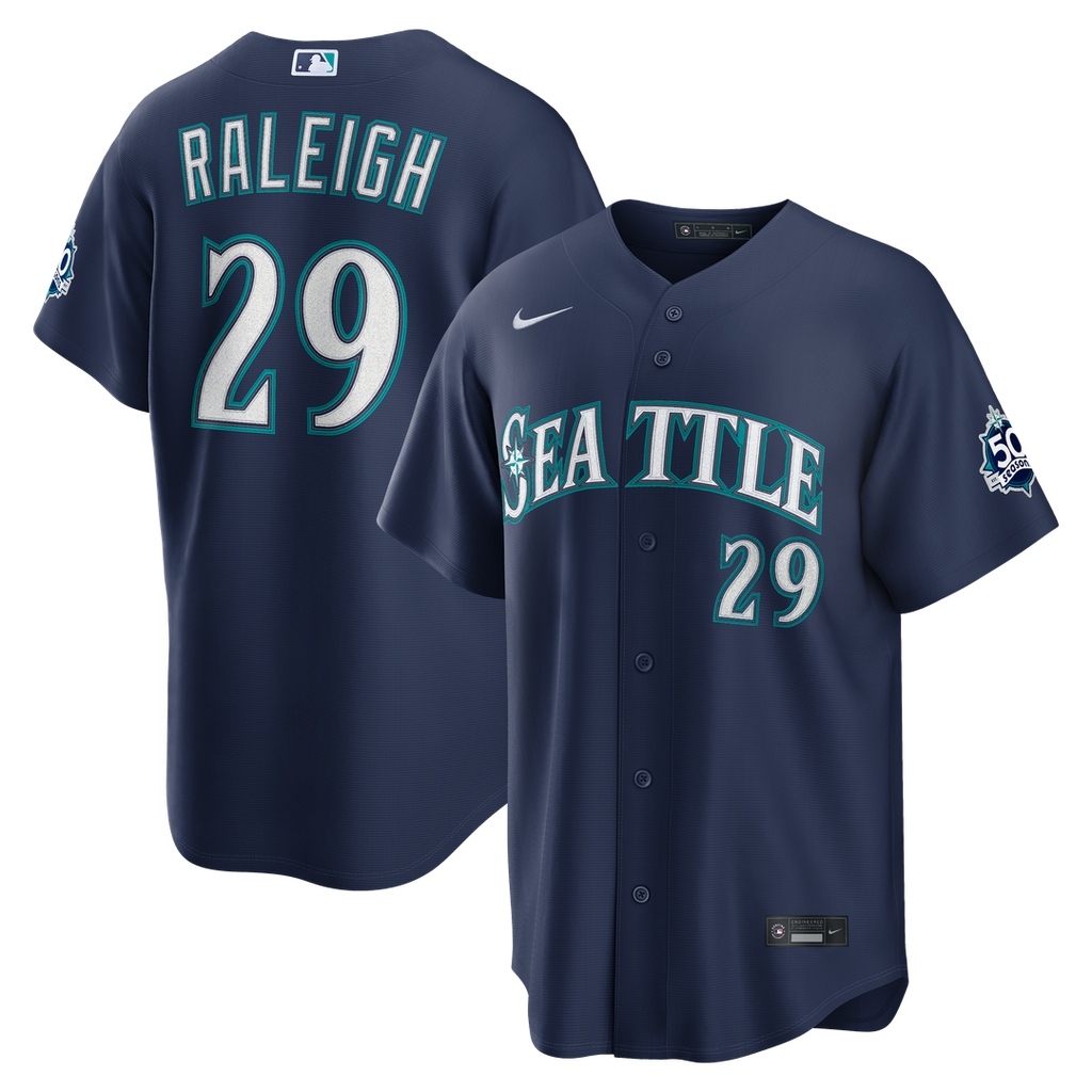 Seattle Mariners Cal Raleigh Road Stadium 50th Season Patch Jersey — Navy