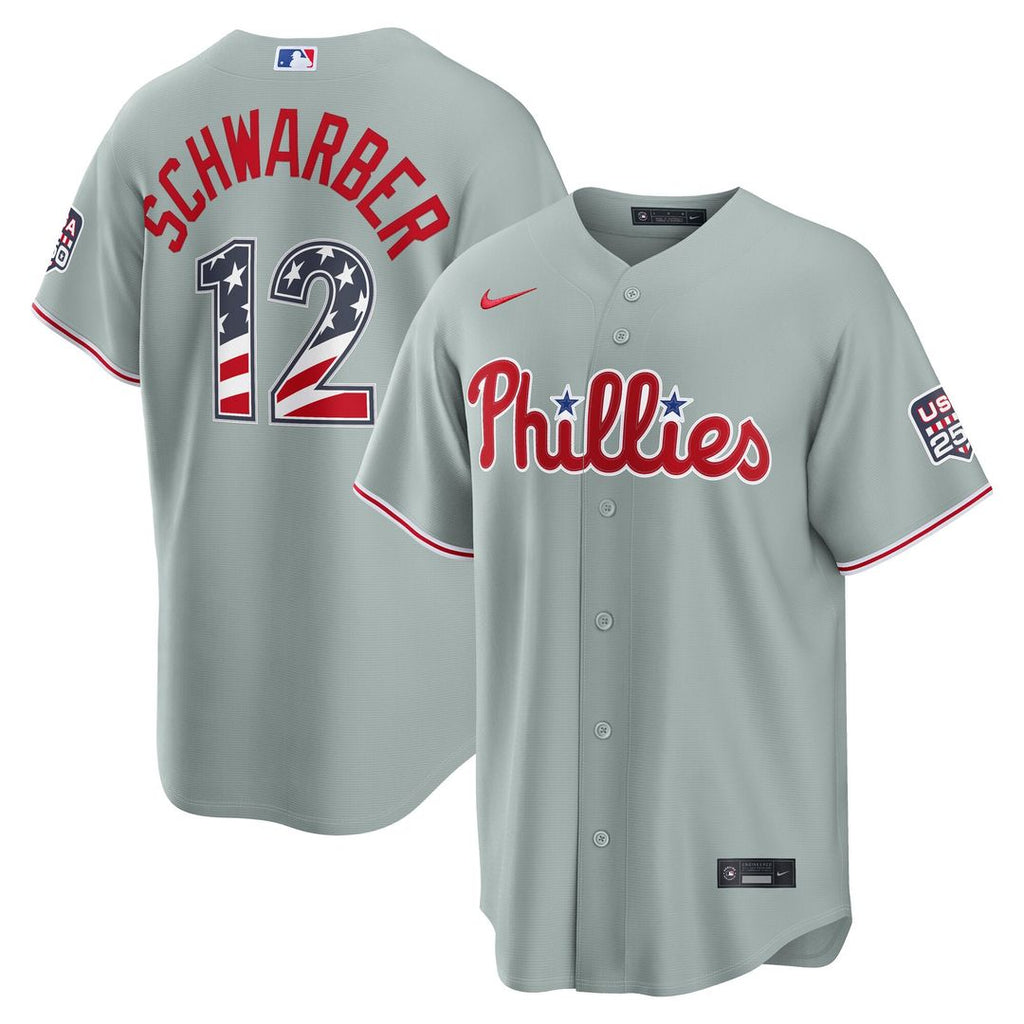 Philadelphia Phillies Kyle Schwarber USA 250 Fourth of July Road Stadium Jersey — Gray