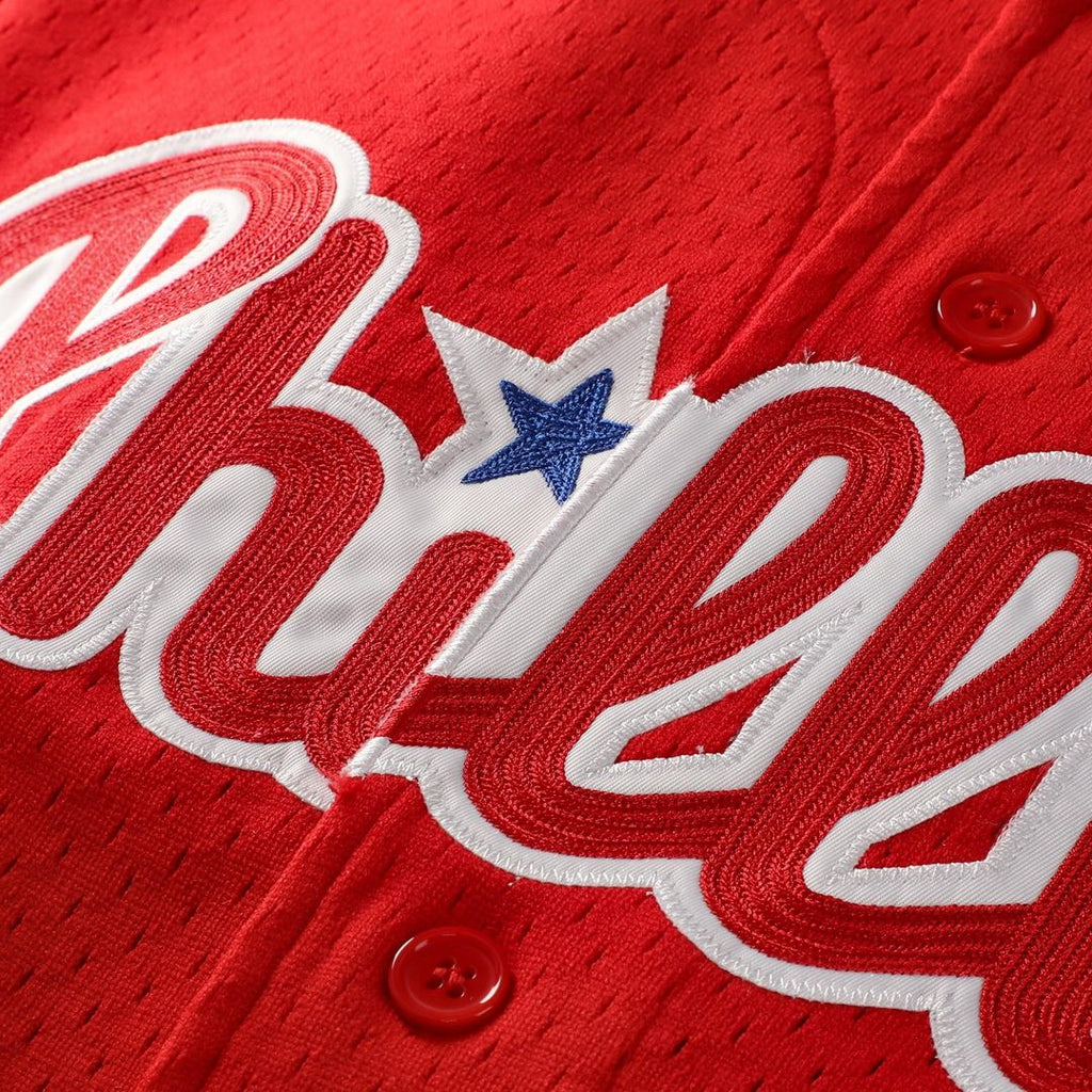 Philadelphia Phillies Jimmy Rollins Cooperstown Mesh Batting Practice Button-Up Jersey — Red