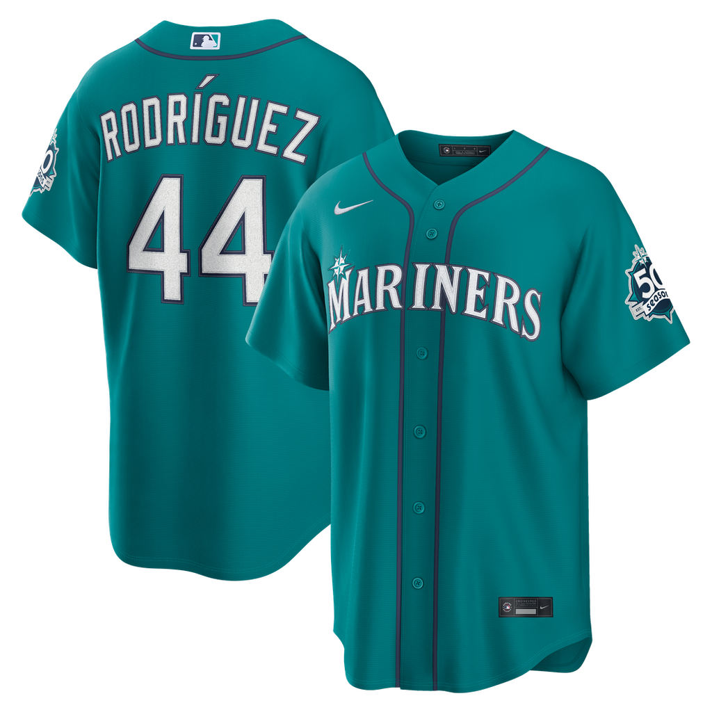 Seattle Mariners Julio Rodríguez Alternate Stadium 50th Season Patch Jersey — Teal
