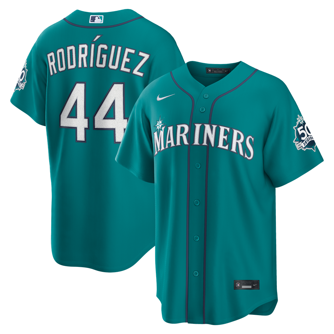 Seattle Mariners Julio Rodríguez Alternate Stadium 50th Season Patch Jersey — Teal