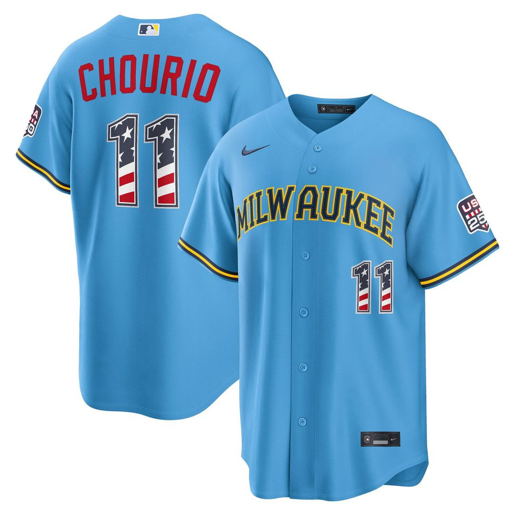 Milwaukee Brewers Jackson Chourio USA 250 Fourth of July Road Stadium Jersey — Light Blue