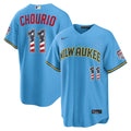 Milwaukee Brewers Jackson Chourio USA 250 Fourth of July Road Stadium Jersey — Light Blue