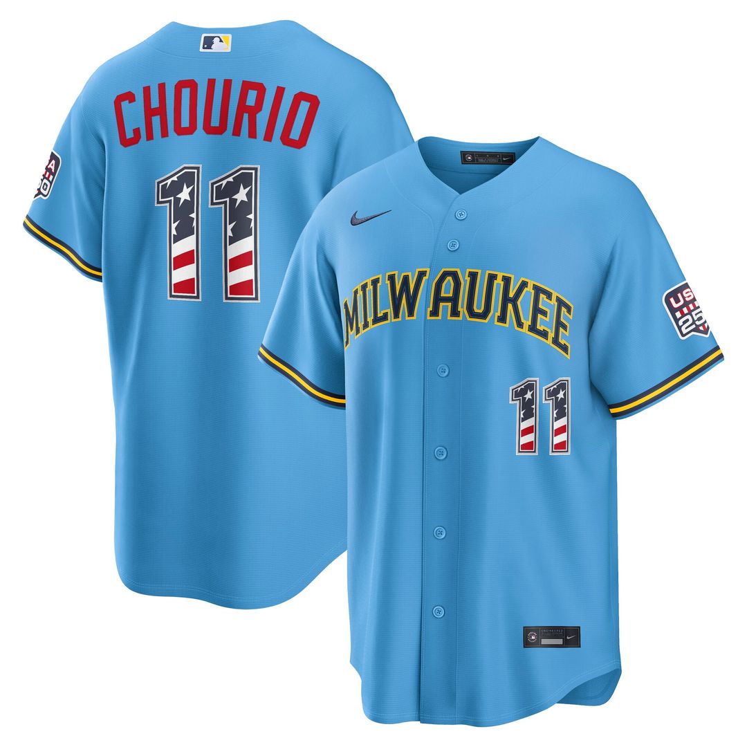Milwaukee Brewers Jackson Chourio USA 250 Fourth of July Road Stadium Jersey — Light Blue
