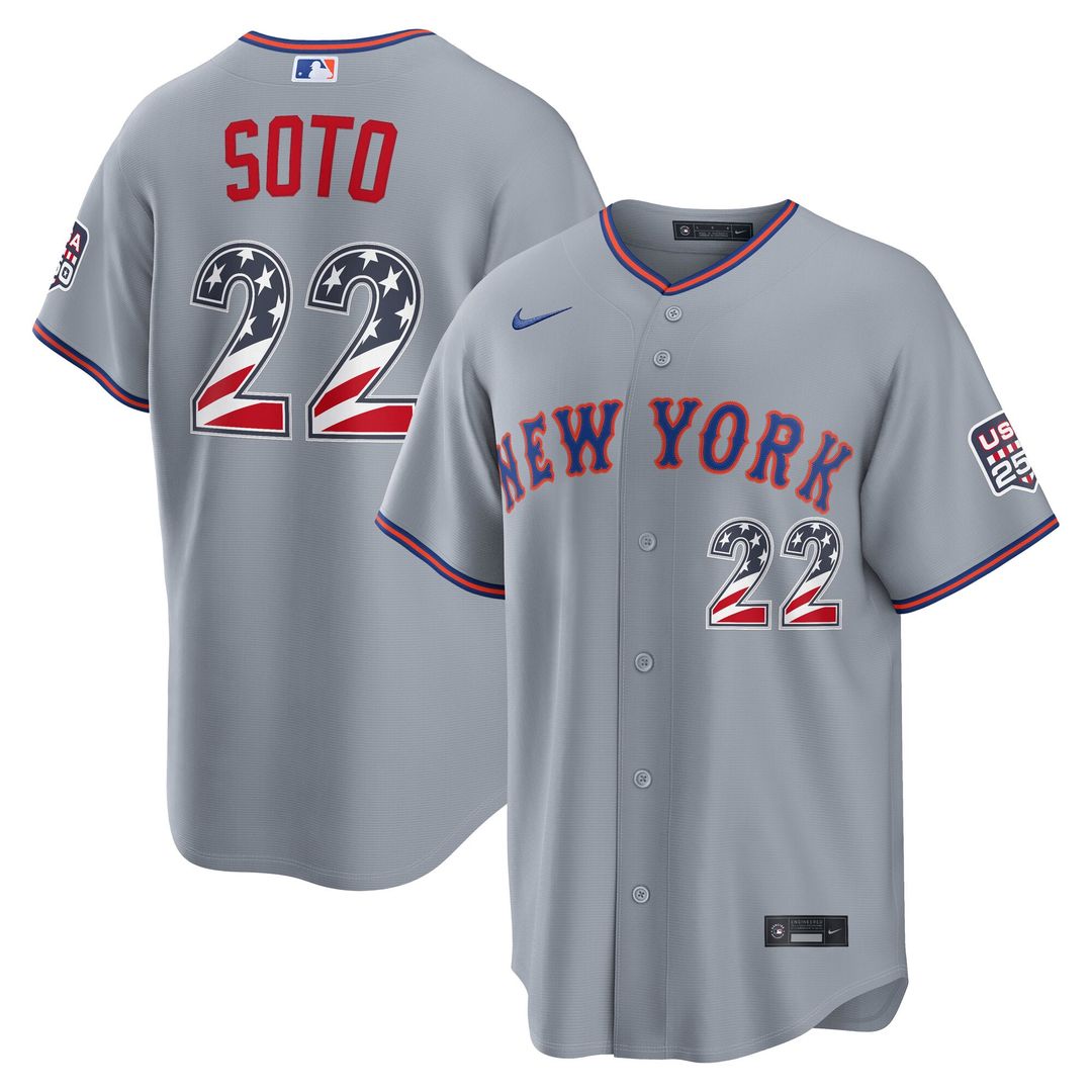 New York Mets Juan Soto USA 250 Fourth of July Road Stadium Jersey — Gray