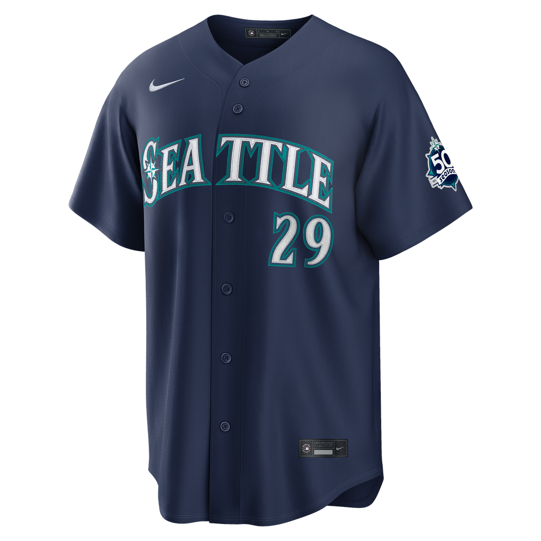Seattle Mariners Cal Raleigh Road Stadium 50th Season Patch Jersey — Navy