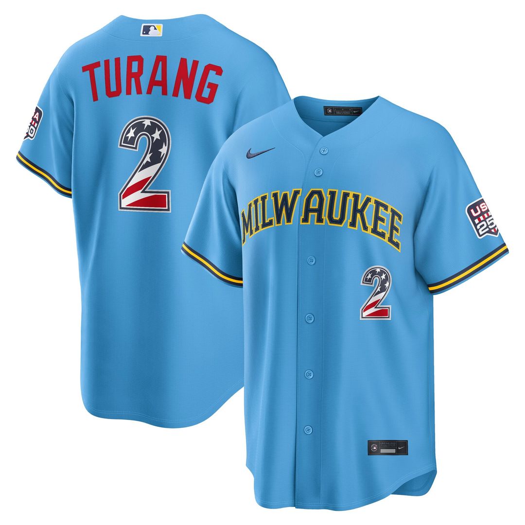 Milwaukee Brewers Brice Turang USA 250 Fourth of July Road Stadium Jersey — Light Blue